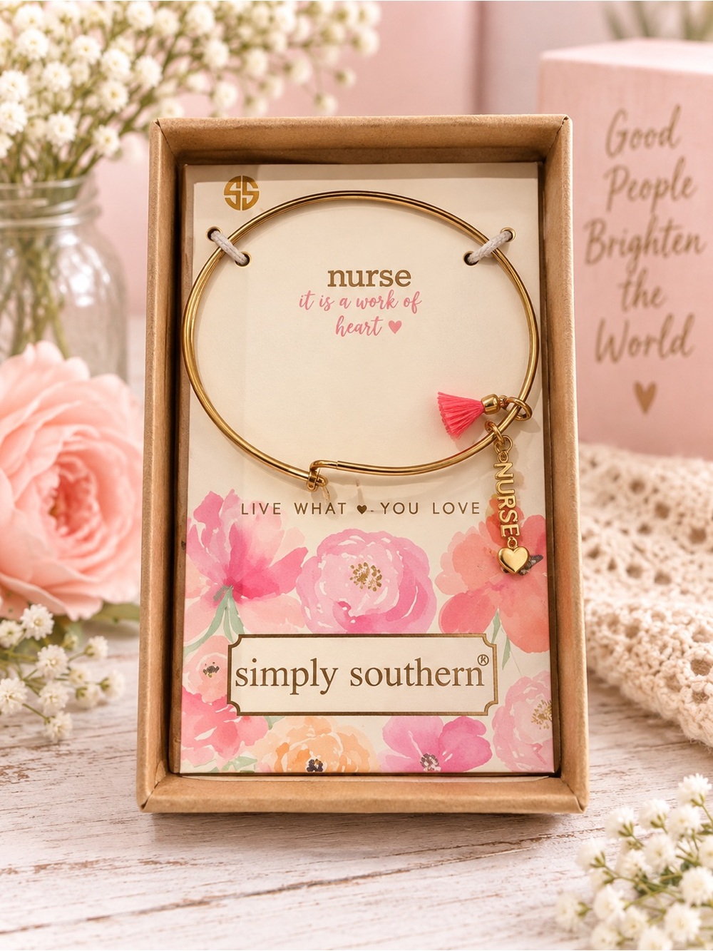 Simply Southern Nurse Charm Bangle Bracelet Floral Gift Box